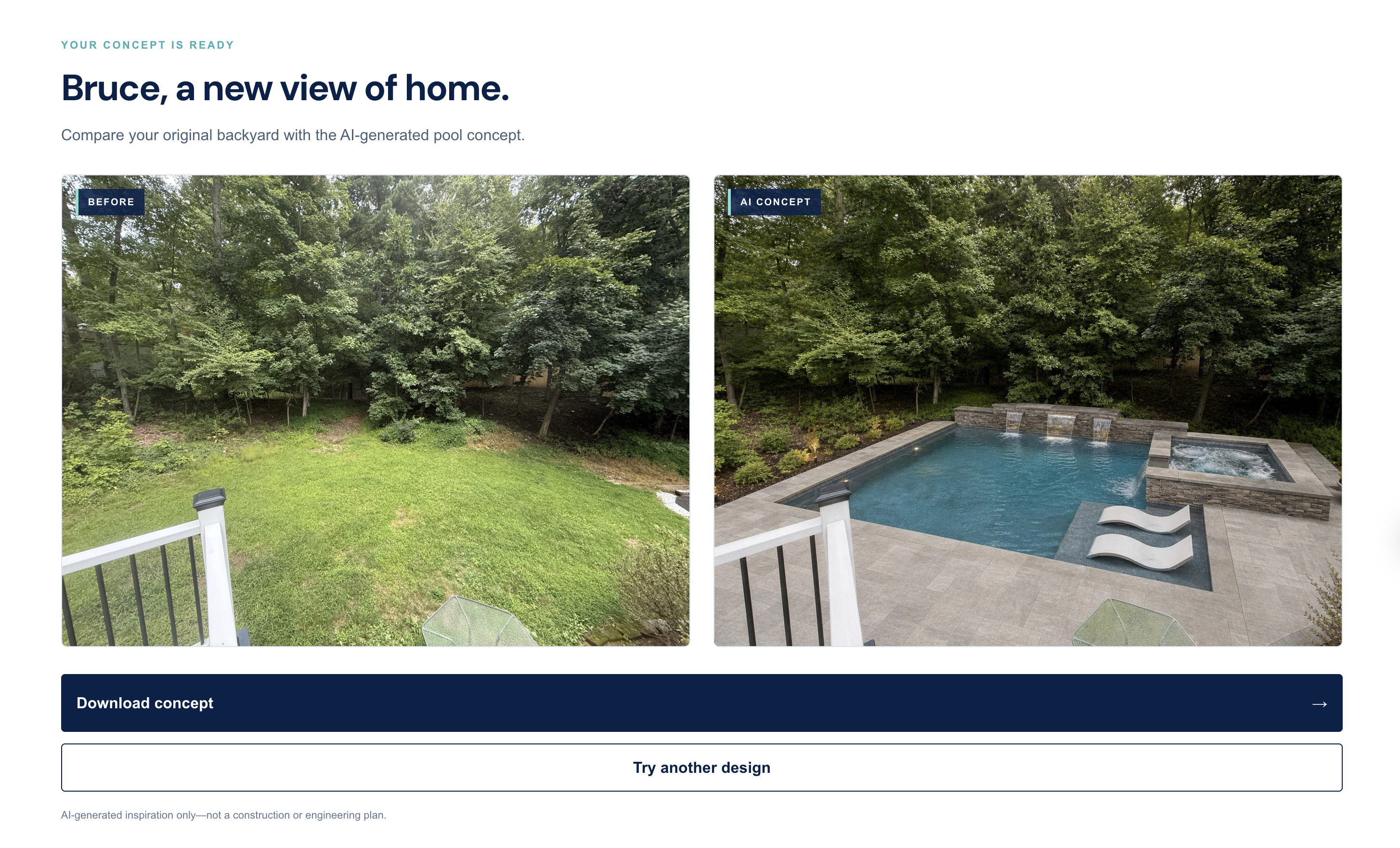 Step 3: Preview. They compare their original backyard with an AI-generated pool concept.